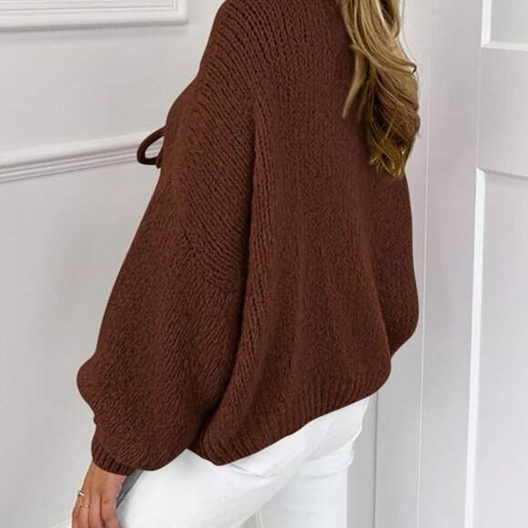 Women's Tie Front Bow Cardigan Sweaters Chunky Knit Long Puff Sleeve Trendy Fall - Picture 2 of 8